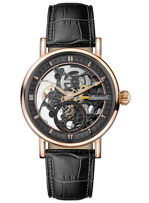 Ingersoll Mens The Herald  Automatic Watch with a Skeleton Dial and a Black Leather Strap - I00403B